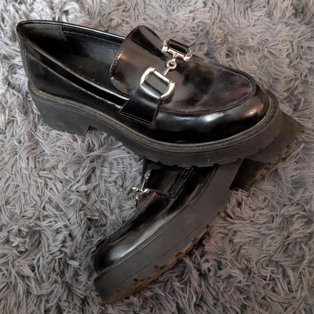 Black Loafers with Silver Buckle